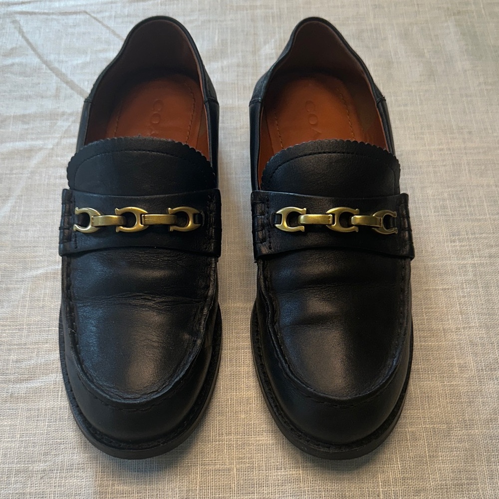 Coach Black Leather Loafers with Gold Chain Detail